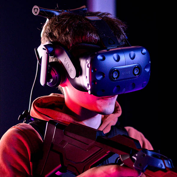 student using VR headset