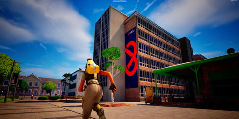 A Fornite character running through a virtual University of Staffordshire campus